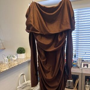 Lulus Dark Brown Off-the-Shoulder Ruched Mini Dress
